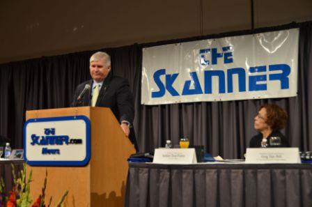 The Skanner News holds an annual scholarship breakfast in honor of Dr. Martin Luther King Jr. Pictured here is Dr. Roger Thompson, Vice Provost of Enrollment Management at the University of Oregon, a student and event sponsor.  